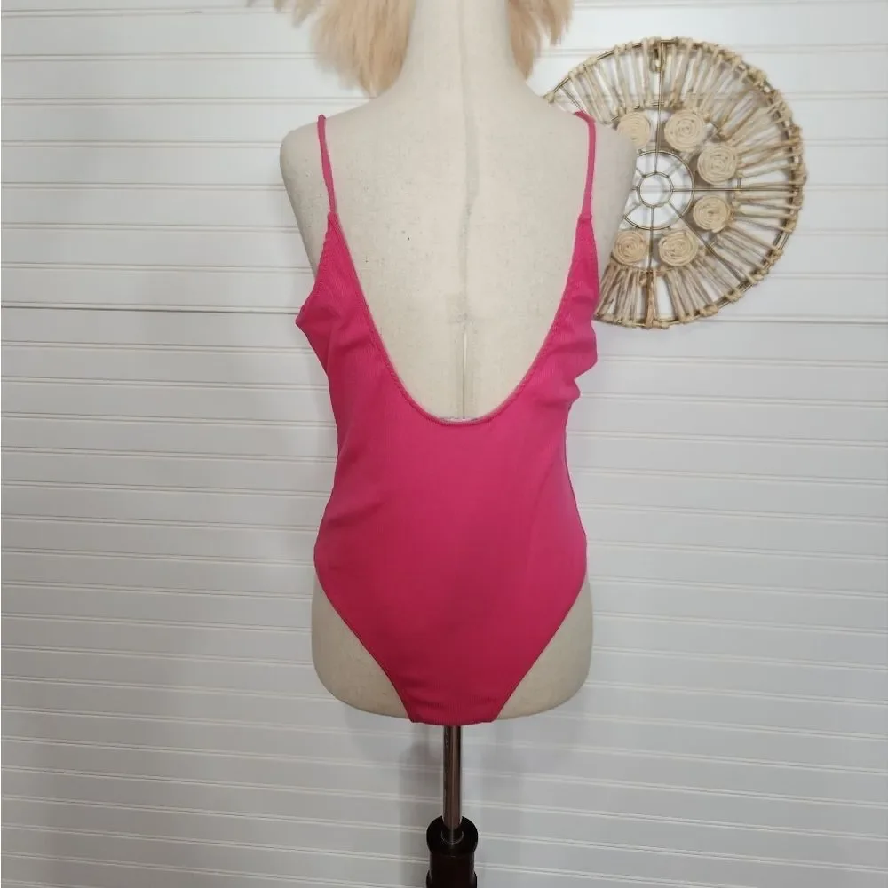 LULU'S Pink Ribbed Asymmetrical Cowl Neck Bodysuit XL NWT - Picture 5 of 11
